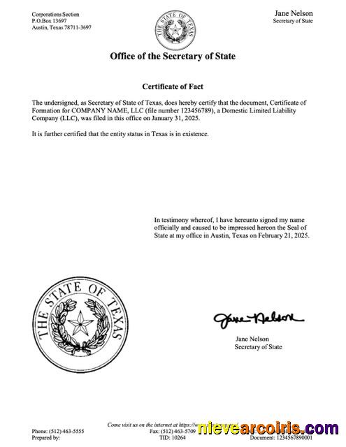 USA Texas certificate of fact